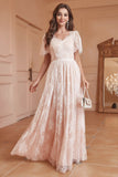 White A-Line Short Sleeves Lace Long Party Dress