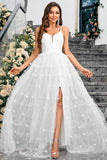 White A-Line Spaghetti Straps Appliques Tulle Long Wedding Party Dress with Slit