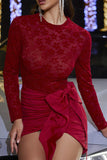 Sparkly Red Long-Sleeve Lace Ruched Cocktail Dress with Bow Tie