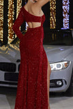 Sparkly Red Hollow Out One Shoulder Sleeve Fringe Mermaid Prom Dress with Slit