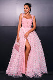 Pink A Line Tulle Slit Long Prom Dress with Appliques