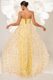 Yellow Strapless A Line Corset Tulle Long Prom Dress with Appliques