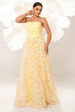 Yellow Strapless A Line Corset Tulle Long Prom Dress with Appliques