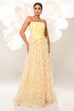 Yellow Strapless A Line Corset Tulle Long Prom Dress with Appliques