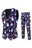 Navy Snowmen Printed 3 Pieces Men's Christmas Suits