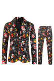 Black Notched Lapel Snowmen Printed Christmas Slim Fitted Men Suits