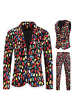 Black Notched Lapel Colorful Printed Christmas 3 Pieces Men's Suits