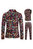 Black Notched Lapel Colorful Printed Christmas 3 Pieces Men's Suits