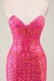 Sparkly Fuchsia Mermaid Strapless Long Prom Dress with Slit