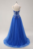 Royal Blue Tulle A-Line Spaghetti Straps Corset Long Prom Dress with Slit