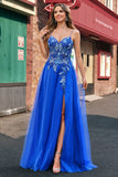 Royal Blue Tulle A-Line Spaghetti Straps Corset Long Prom Dress with Slit