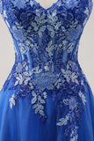 Royal Blue A Line Spaghetti Straps Corset Tulle Prom Dress With Embroidery