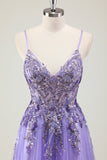 Purple A Line Spaghetti Straps Sequin Tulle Prom Dress with Appliques