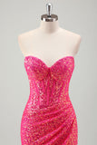 Sparkly Fuchsia Mermaid Strapless Corset Sequins Long Prom Dress with Slit