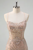 Sparkly Champagne Mermaid Spaghetti Straps Corset Long Prom Dress