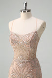 Sparkly Champagne Mermaid Spaghetti Straps Corset Long Prom Dress