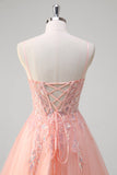 Sparkly Peach A-Line Corset Floral Tulle Long Prom Dress with Beaded