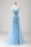 Blue Mermaid Spaghetti Straps Appliqued Long Prom Dress with Slit