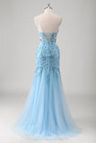 Blue Mermaid Spaghetti Straps Appliqued Long Prom Dress with Slit