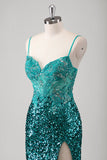 Peacock Green Mermaid Spaghetti Straps Long Prom Dress With Sequins