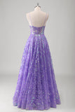 Purple A Line Spaghetti Straps Long Printed Prom Dress With Sequins