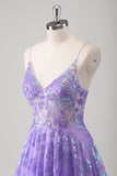 Purple A Line Spaghetti Straps Long Printed Prom Dress With Sequins