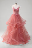 Coral A Line Spaghetti Straps Corset Tiered Long Prom Dress with Appliques