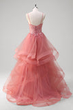 Coral A Line Spaghetti Straps Corset Tiered Long Prom Dress with Appliques