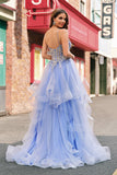 Sparkly Light Blue A Line Spaghetti Straps Spiral Ruffles Long Prom Dress with Sequins