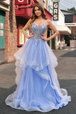 Sparkly Light Blue A Line Spaghetti Straps Spiral Ruffles Long Prom Dress with Sequins