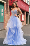 Sparkly Light Blue A Line Spaghetti Straps Spiral Ruffles Long Prom Dress with Sequins