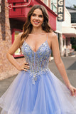 Sparkly Light Blue A Line Spaghetti Straps Spiral Ruffles Long Prom Dress with Sequins