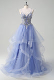 Sparkly Light Blue A Line Spaghetti Straps Spiral Ruffles Long Prom Dress with Sequins