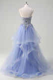 Sparkly Light Blue A Line Spaghetti Straps Spiral Ruffles Long Prom Dress with Sequins