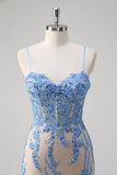 Blue Mermaid Corset Spaghetti Straps Long Prom Dress With Sequins