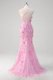 Pink Mermaid Spaghetti Straps Sequin Prom Dress With 3D Flowers