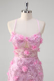 Pink Mermaid Spaghetti Straps Sequin Prom Dress With 3D Flowers