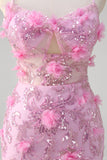 Pink Mermaid Spaghetti Straps Sequin Prom Dress With 3D Flowers