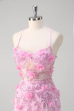 Pink Mermaid Spaghetti Straps Sequin Prom Dress With 3D Flowers