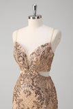 Champagne Mermaid Spaghetti Straps Sequin Hollow Out Prom Dress