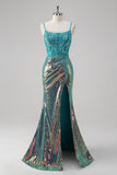 Peacock Green Mermaid Spaghetti Straps Corset Sequined Prom Dress