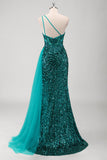 Peacock Green Mermaid One Shoulder Corset Sequins Long Prom Dress with Slit