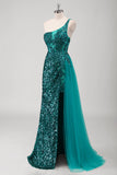 Peacock Green Mermaid One Shoulder Corset Sequins Long Prom Dress with Slit