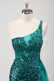 Peacock Green Mermaid One Shoulder Corset Sequins Long Prom Dress with Slit