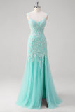 Sparkly Mint Mermaid Lace Long Prom Dress with Slit