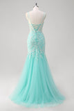 Sparkly Mint Mermaid Lace Long Prom Dress with Slit