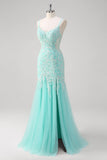 Sparkly Mint Mermaid Lace Long Prom Dress with Slit