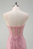 Sparkly Pink Mermaid Spaghetti Straps Sequins Long Corset Prom Dress