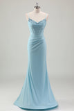 Blue Mermaid Spaghetti Straps Satin Long Corset Prom Dress with Beading