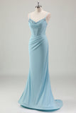 Blue Mermaid Spaghetti Straps Satin Long Corset Prom Dress with Beading